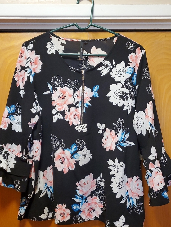 Cathy Tops - Cathy Black Floral Zip-Front Blouse Top Size L